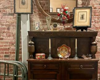 ANTIQUE IRON BED, ANTIQUE BUFFET SERVER, WAGON WHEEL MIRROR, CARNIVAL GLASS