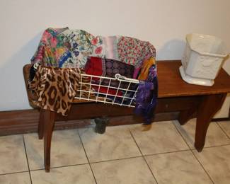 Primitive Pine Bench, Silk Scarves, Pottery Planter