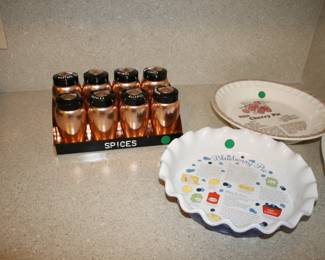 Vintage MCM Kromex Spice Jar Set, Ceramic Pie Plates