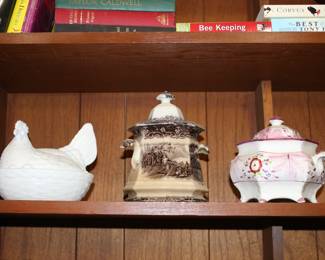 Milk Glass  Chicken on Nest, Transferware Sugar Canister