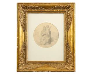 Paul Delaroche, Virgin and Child, inscribed in a circle, pencil with white chalk