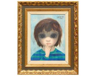 Margaret Hawkins Keane, child with big eyes in striped shirt, 1975, oil on canvas, signed and dated upper right