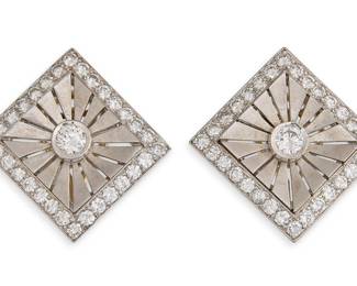 Art Deco Platinum Diamond Sunburst Earrings