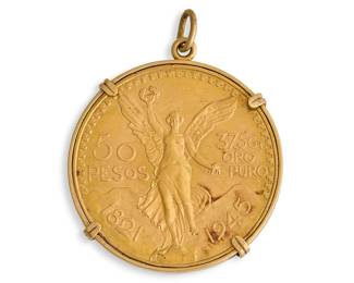 Mexican fine gold coin Centenario, mounted in a 14K yellow gold bezel pendant