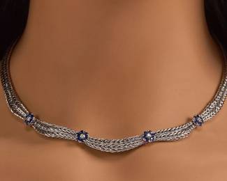 18K White Gold Diamond Sapphire Necklace