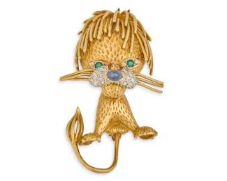 Vintage 18K Gold, Diamond, Emerald Lion Pin