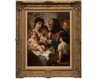 Hugues Merle (France, 1823-1881), multi-generational peasant family scene, oil on canvas