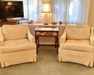 Pair Vintage Upholstered Club Chairs ( display table not for sale) 