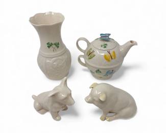 203 BelleekIrishPorcelainIonaVaseTeapotforOneAnimalFigurines