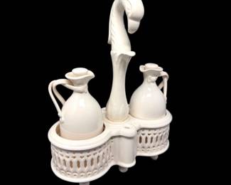 54 VintageLeedsPotteryCreamwareOilVinegarSetwStand3Pieces