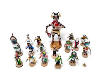 238 17SignedHopiStyleCarvedKachinaDollsWarriorClownAnimal