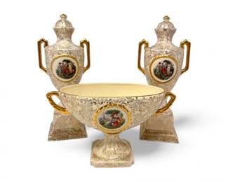 230 VintageEmpirePorcelainEnglandGoldAccentUrnsCompoteDish