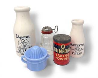 127 VintageDelphiteJuicerMilkBottlesRumfordTinChopperGrinder