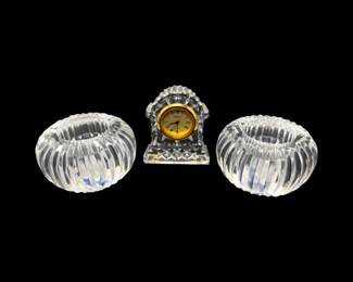 132 WaterfordCrystalMantelClockPairofRibbedTealightHolders