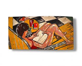 24 SignedOriginalPaintingonPressedBoardWomanReadingScene