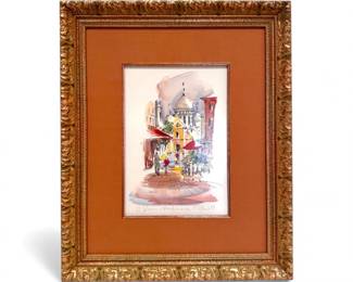 101 SignedMontmartreParisWatercolorStreetSceneinOrnateFrame