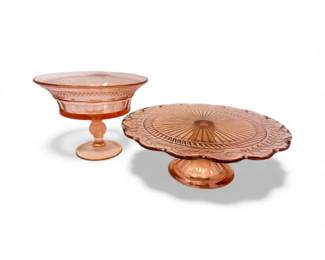 206 DalzellVikingStylePinkPedestalCompotePressedGlassCakePlate