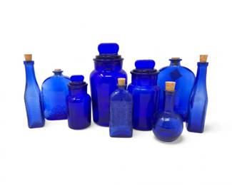 31 VintageCobaltBlueGlassBottleCanisterLot9Pieces