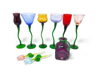 82 ColorfulBendStemArtGlassSetwSignedOrreforsJugFlowers