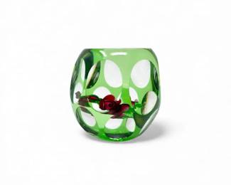 217 PerthshireGreenCutOverlayLampworkRoseArtGlassPaperweight