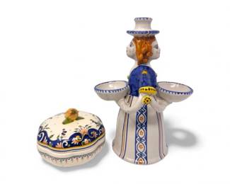 119 ItalianMajolicaCandleholderLCarrieroFrenchRouenLiddedDish