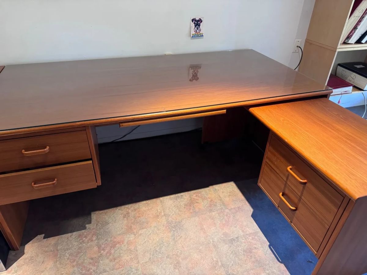 2 PC Wood Desk Set w Glass Top