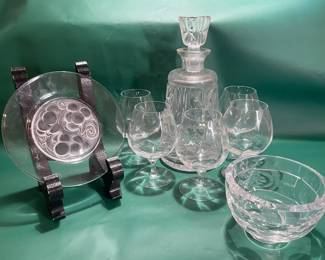 Glass Art Plate, Snifters, Crystal Decanter And Bowl
