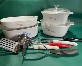Vintage Casserole Dishes Corningware And Cutco Utensils