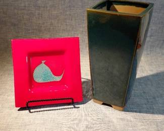 Blown Glass Whale Plate And Teal Vase