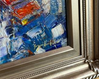 “Geometry of Motion”, an original oil on canvas by listed artist, Sergeui Novitchkov. Measures in the frame, 20” H x 17” W. Signed lower right and again with title on the verso. Accompanied with a certificate of authenticity from the artist. Novitchkov (1969-) was born in Moscow, Russia and graduated from the St. Petersburg Academy of Arts with a degree in “Painting and Composition” under the guidance of Professor Alexey Nikolaevich Sukhovetsky, a people’s artist of the Russian Federation. Serguei’s paintings are primarily dedicated to landscape art, often characterized by romantic, lyrical, and abstract themes, as well as genre painting. For many years, he has actively participated in both online and in-person exhibitions. Since 2000, he has lived and worked in Los Angeles, California.
