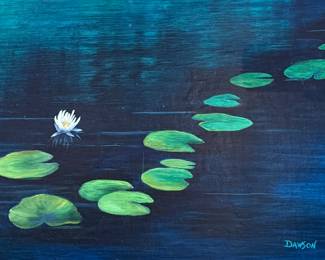 "Rhythm and Blues", an original acrylic painting on canvas by listed artist, Sheryl Dawson. Signed lower right and titled on the verso as shown in photos. This work of art measures, 23.5” H x 36” W. Dawson lives in Salem, Oregon and is a former attorney who took on art full time back in 1998. 
