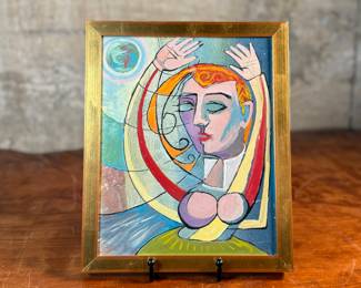 This lot features an original Cubist inspired oil on board, unsigned by artist and measures in frame, 10.75” H x 8.75” W.
