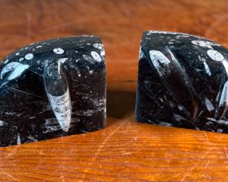This lot features a pair of polished black marble Orthoceras fossil bookends. Each one measures, 4.5” H x 6” W x 3” D.
