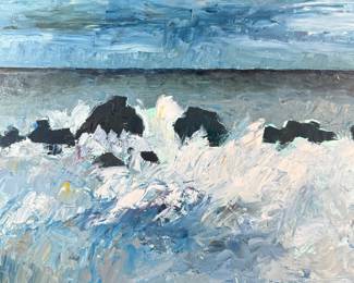 "Storm Surf", an original oil on board by listed artist, Cynthia Herron. Signed and titled on verso, circa 2024. This work of art measures in the frame, 13.5” H x 16.5” W. Herron earned her BFA from Mount Allison University in Sackville, New Brunswick, her Teaching Certification from Northern Arizona University, and her MFA from The University of the Arts in Philadelphia, PA.
