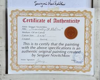 “Geometry of Motion”, an original oil on canvas by listed artist, Sergeui Novitchkov. Measures in the frame, 20” H x 17” W. Signed lower right and again with title on the verso. Accompanied with a certificate of authenticity from the artist. Novitchkov (1969-) was born in Moscow, Russia and graduated from the St. Petersburg Academy of Arts with a degree in “Painting and Composition” under the guidance of Professor Alexey Nikolaevich Sukhovetsky, a people’s artist of the Russian Federation. Serguei’s paintings are primarily dedicated to landscape art, often characterized by romantic, lyrical, and abstract themes, as well as genre painting. For many years, he has actively participated in both online and in-person exhibitions. Since 2000, he has lived and worked in Los Angeles, California.
