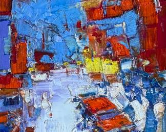 “Geometry of Motion”, an original oil on canvas by listed artist, Sergeui Novitchkov. Measures in the frame, 20” H x 17” W. Signed lower right and again with title on the verso. Accompanied with a certificate of authenticity from the artist. Novitchkov (1969-) was born in Moscow, Russia and graduated from the St. Petersburg Academy of Arts with a degree in “Painting and Composition” under the guidance of Professor Alexey Nikolaevich Sukhovetsky, a people’s artist of the Russian Federation. Serguei’s paintings are primarily dedicated to landscape art, often characterized by romantic, lyrical, and abstract themes, as well as genre painting. For many years, he has actively participated in both online and in-person exhibitions. Since 2000, he has lived and worked in Los Angeles, California.
