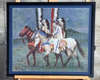 “Prairie Knights”, a signed limited edition lithograph by listed artist, Howard Terpning. Edition 315/1000, signed in pencil circa 1991, professionally framed, and accompanied with a certificate of authenticity on the verso. This lithograph measures in frame, 21” H x 25” W.
