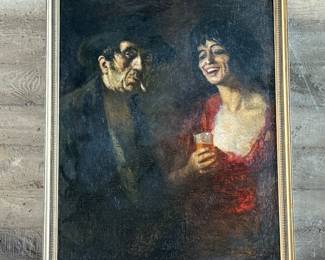 "Anuncio de Cerveza", an original oil on canvas by listed artist, Enrique Pascual Monturiol. Professionally restored recently in Portland, OR and professionally framed. This piece appears to be a rare work of art by Monturiol as it was done as a beer advertisement in Barcelona, Spain. Señor de Monturiol was known for his drawings of the life of the Spanish charbonier and the fisher folk of his native Barcelona. He studied in Paris under Anglada Camarasa. One of his portraits hangs in the Royal Palace at Munich and another at the Casa de Ciudad in Barcelona. This piece measures in frame, 45.5” H x 36” W.
