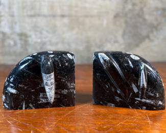 This lot features a pair of polished black marble Orthoceras fossil bookends. Each one measures, 4.5” H x 6” W x 3” D.
