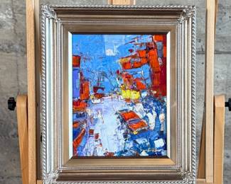 “Geometry of Motion”, an original oil on canvas by listed artist, Sergeui Novitchkov. Measures in the frame, 20” H x 17” W. Signed lower right and again with title on the verso. Accompanied with a certificate of authenticity from the artist. Novitchkov (1969-) was born in Moscow, Russia and graduated from the St. Petersburg Academy of Arts with a degree in “Painting and Composition” under the guidance of Professor Alexey Nikolaevich Sukhovetsky, a people’s artist of the Russian Federation. Serguei’s paintings are primarily dedicated to landscape art, often characterized by romantic, lyrical, and abstract themes, as well as genre painting. For many years, he has actively participated in both online and in-person exhibitions. Since 2000, he has lived and worked in Los Angeles, California.
