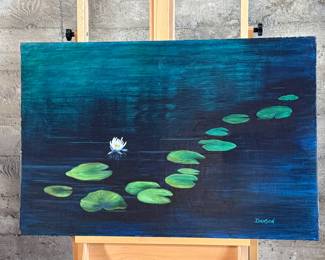 "Rhythm and Blues", an original acrylic painting on canvas by listed artist, Sheryl Dawson. Signed lower right and titled on the verso as shown in photos. This work of art measures, 23.5” H x 36” W. Dawson lives in Salem, Oregon and is a former attorney who took on art full time back in 1998. 
