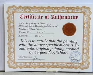 “Laguna Beach, California”, an original oil on canvas by listed artist, Sergeui Novitchkov. Measures in the frame, 17” H x 20” W. Signed lower right and again with title on the verso. Accompanied with a certificate of authenticity from the artist. Novitchkov (1969-) was born in Moscow, Russia and graduated from the St. Petersburg Academy of Arts with a degree in “Painting and Composition” under the guidance of Professor Alexey Nikolaevich Sukhovetsky, a people’s artist of the Russian Federation. Serguei’s paintings are primarily dedicated to landscape art, often characterized by romantic, lyrical, and abstract themes, as well as genre painting. For many years, he has actively participated in both online and in-person exhibitions. Since 2000, he has lived and worked in Los Angeles, California.
