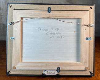 "Storm Surf", an original oil on board by listed artist, Cynthia Herron. Signed and titled on verso, circa 2024. This work of art measures in the frame, 13.5” H x 16.5” W. Herron earned her BFA from Mount Allison University in Sackville, New Brunswick, her Teaching Certification from Northern Arizona University, and her MFA from The University of the Arts in Philadelphia, PA.
