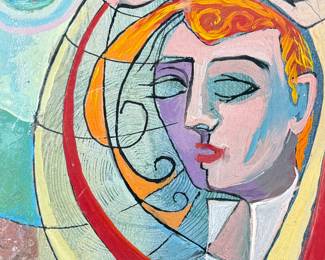 This lot features an original Cubist inspired oil on board, unsigned by artist and measures in frame, 10.75” H x 8.75” W.
