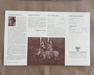 “Prairie Knights”, a signed limited edition lithograph by listed artist, Howard Terpning. Edition 315/1000, signed in pencil circa 1991, professionally framed, and accompanied with a certificate of authenticity on the verso. This lithograph measures in frame, 21” H x 25” W.
