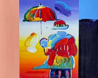 “Umbrella Man”, an over-painted serigraph by listed artist, Peter Max. Signed lower right and professionally framed by Park West Gallery. Measures in frame, 27.75” H x 25.75” W. Peter Max is a German-American artist known for using bright colors in his work. Works by Max are associated with the visual arts and culture of the 1960s, particularly psychedelic art and pop art.
