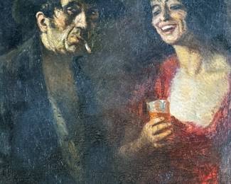 "Anuncio de Cerveza", an original oil on canvas by listed artist, Enrique Pascual Monturiol. Professionally restored recently in Portland, OR and professionally framed. This piece appears to be a rare work of art by Monturiol as it was done as a beer advertisement in Barcelona, Spain. Señor de Monturiol was known for his drawings of the life of the Spanish charbonier and the fisher folk of his native Barcelona. He studied in Paris under Anglada Camarasa. One of his portraits hangs in the Royal Palace at Munich and another at the Casa de Ciudad in Barcelona. This piece measures in frame, 45.5” H x 36” W.
