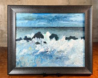 "Storm Surf", an original oil on board by listed artist, Cynthia Herron. Signed and titled on verso, circa 2024. This work of art measures in the frame, 13.5” H x 16.5” W. Herron earned her BFA from Mount Allison University in Sackville, New Brunswick, her Teaching Certification from Northern Arizona University, and her MFA from The University of the Arts in Philadelphia, PA.
