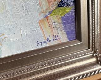 “Laguna Beach, California”, an original oil on canvas by listed artist, Sergeui Novitchkov. Measures in the frame, 17” H x 20” W. Signed lower right and again with title on the verso. Accompanied with a certificate of authenticity from the artist. Novitchkov (1969-) was born in Moscow, Russia and graduated from the St. Petersburg Academy of Arts with a degree in “Painting and Composition” under the guidance of Professor Alexey Nikolaevich Sukhovetsky, a people’s artist of the Russian Federation. Serguei’s paintings are primarily dedicated to landscape art, often characterized by romantic, lyrical, and abstract themes, as well as genre painting. For many years, he has actively participated in both online and in-person exhibitions. Since 2000, he has lived and worked in Los Angeles, California.
