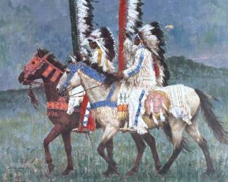 “Prairie Knights”, a signed limited edition lithograph by listed artist, Howard Terpning. Edition 315/1000, signed in pencil circa 1991, professionally framed, and accompanied with a certificate of authenticity on the verso. This lithograph measures in frame, 21” H x 25” W.
